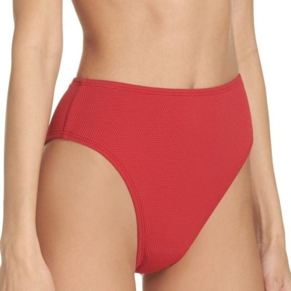 Leith Bikini‎ Bottoms Women XL Red High Waisted Textured Waffle Knit Swimwear